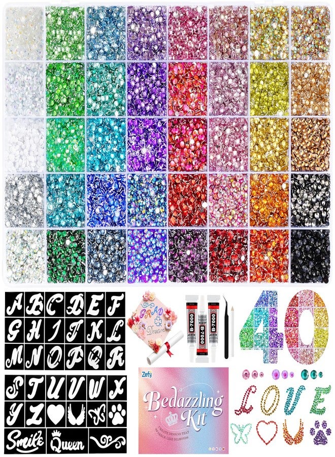 Zefy 43000 Pcs Resin Rhinestones for Bedazzling, 40 Colors 2/3/4 mm Bedazzling Kit with 2 Pcs Stencils for Crafting, Flatback Gems with 3Pcs B7000 Glue for Clothing Shoes Nail Book Diamond Art - Image 1