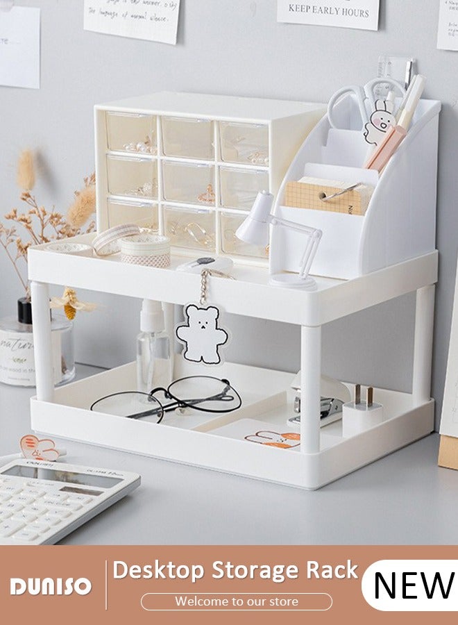 DUNISO Desktop Storage Rack, Double-Layer Cosmetic Storage Holder, Dormitory Stationery Organiser, Removable Desktop Storage Box, Table Sundries Display Shelf for Kitchen Bathroom Office Dormitory - Image 1