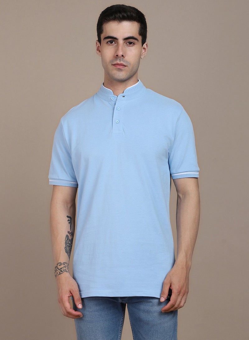 Dennis Lingo Blue Solid Regular Fit Henley Neck T-shirt for Men - 100% Cotton, Half Sleeves, Casual,  - Image 2