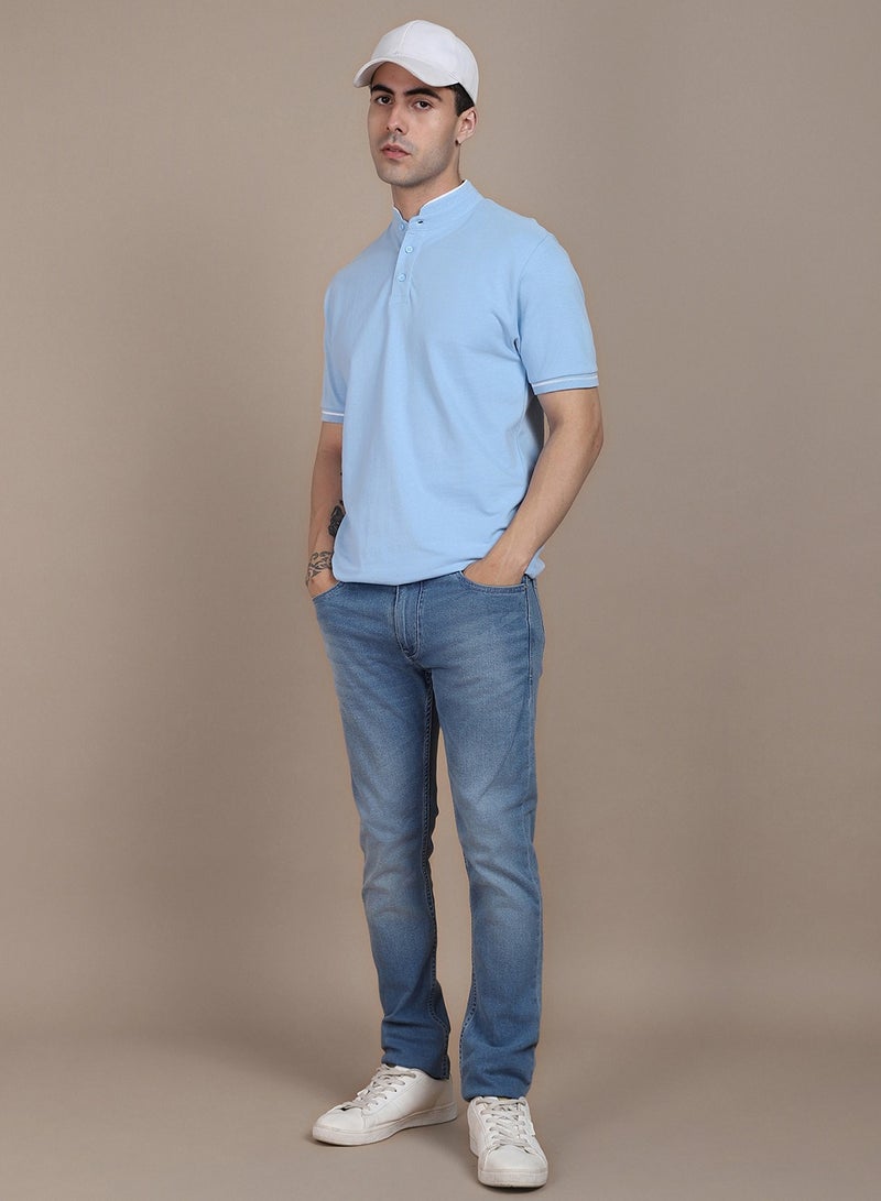Dennis Lingo Blue Solid Regular Fit Henley Neck T-shirt for Men - 100% Cotton, Half Sleeves, Casual,  - Image 1