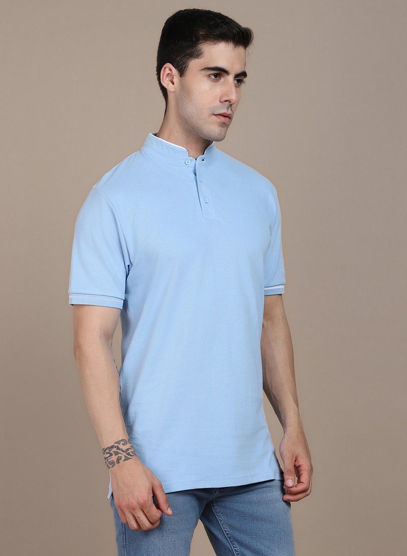 Dennis Lingo Blue Solid Regular Fit Henley Neck T-shirt for Men - 100% Cotton, Half Sleeves, Casual,  - Image 3