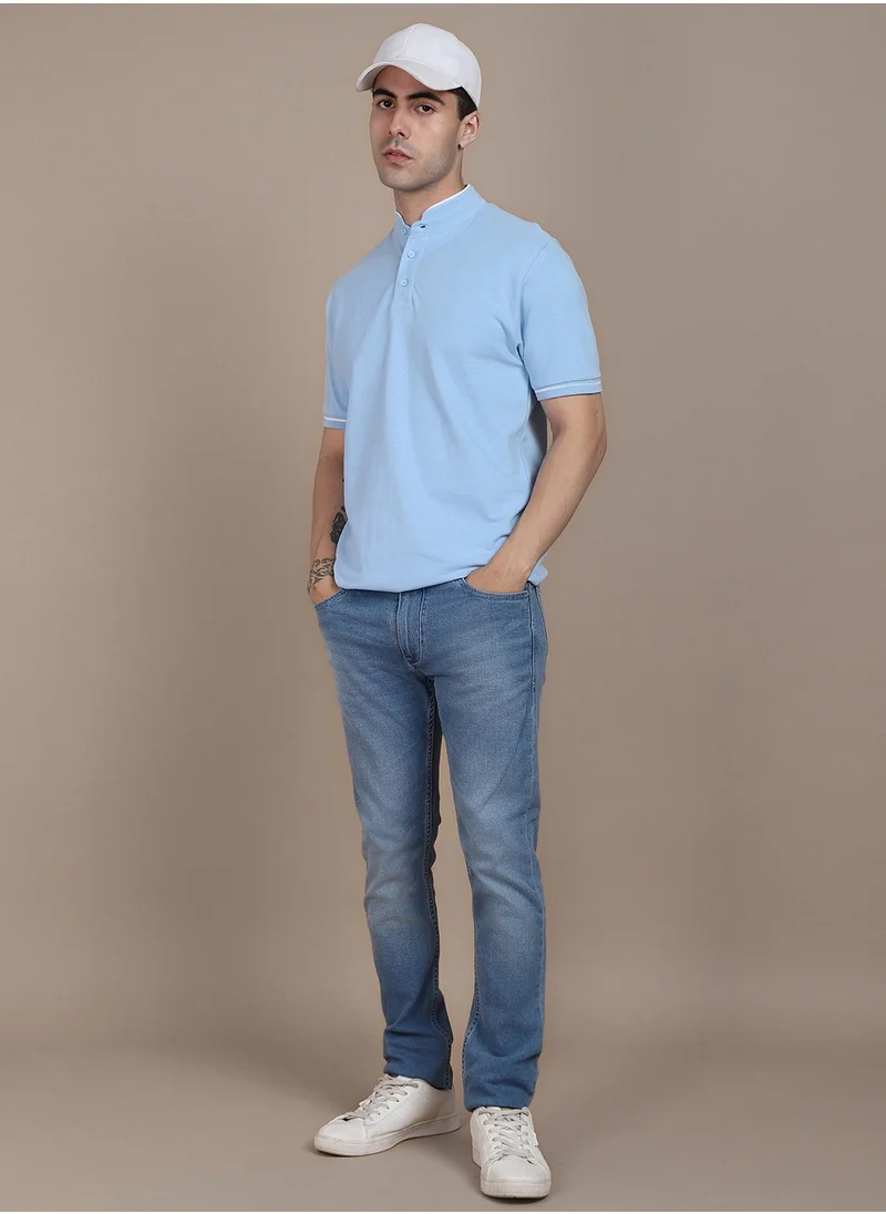 Dennis Lingo Blue Solid Regular Fit Henley Neck T-shirt for Men - 100% Cotton, Half Sleeves, Casual