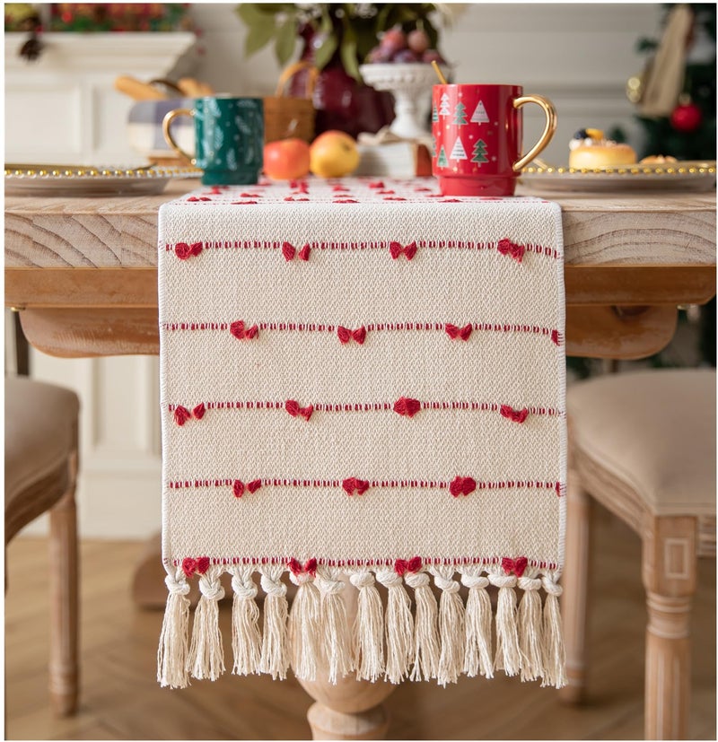 Caflife Christmas Table Runner 72 Inchs Long For Modern Farmhouse Room Home Christmas Decorations  Boho Red Table Runner  Natural Cotton Woven With Tassels For Holiday Kitchen And Dining Table Decor - Image 1
