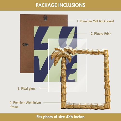 BEHOMA Antique Golden Metal Rectangular Photo Frame With Palm Tree Design | Decorative Frames For Wall, Table, Living Room, Bedroom | Best Gift For Home Decor, Birthday, Anniversary, 4X6 Inches - Image 5