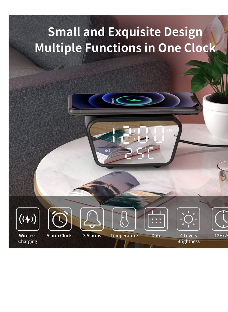 Alarm Clock with Wireless Charging, Digital Alarm Clocks Bedside Mains Powered, 3 Alarms, Adjustable Brightness LED Display with Time/Temperature, Fast Charger Compatible with All Qi-Enabled Phone
