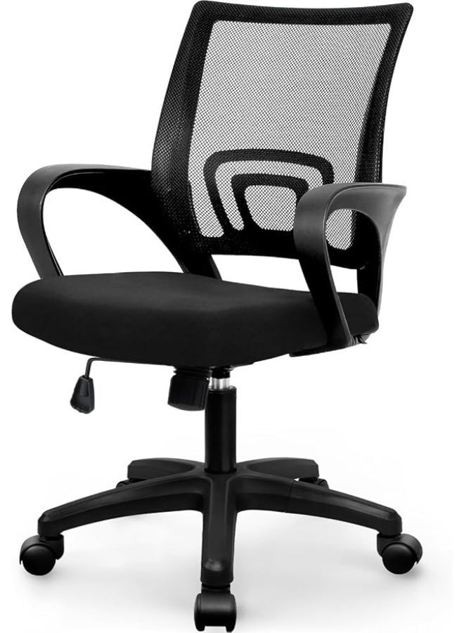Comfortable office chair with a medium mesh back, lumbar support, adjustable height and tilt, 360-degree swivel, foam-padded seat, SGS and BIFMA certified materials, and FSC-certified wood. - Image 1