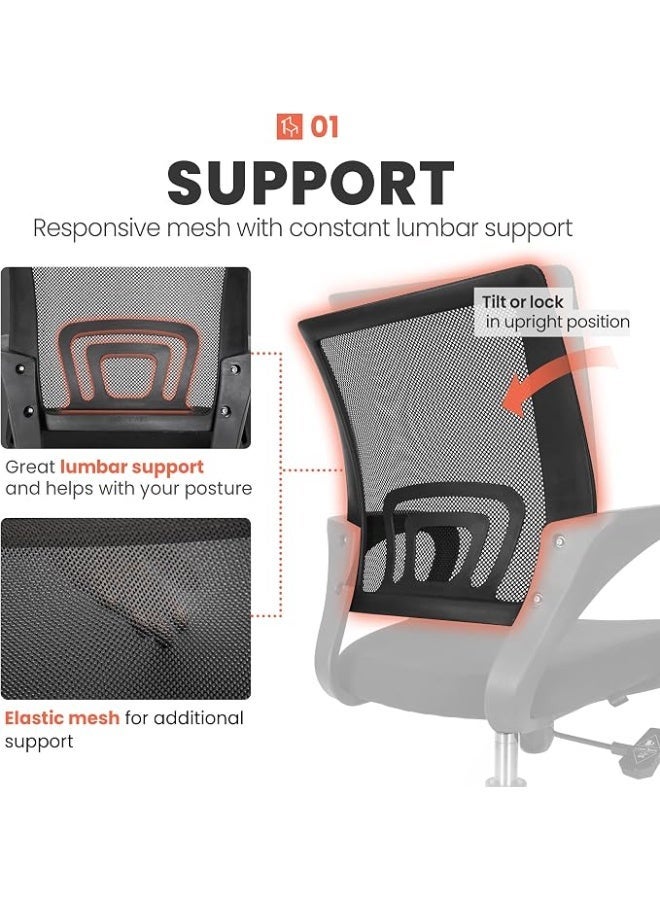 Comfortable office chair with a medium mesh back, lumbar support, adjustable height and tilt, 360-degree swivel, foam-padded seat, SGS and BIFMA certified materials, and FSC-certified wood. - Image 5