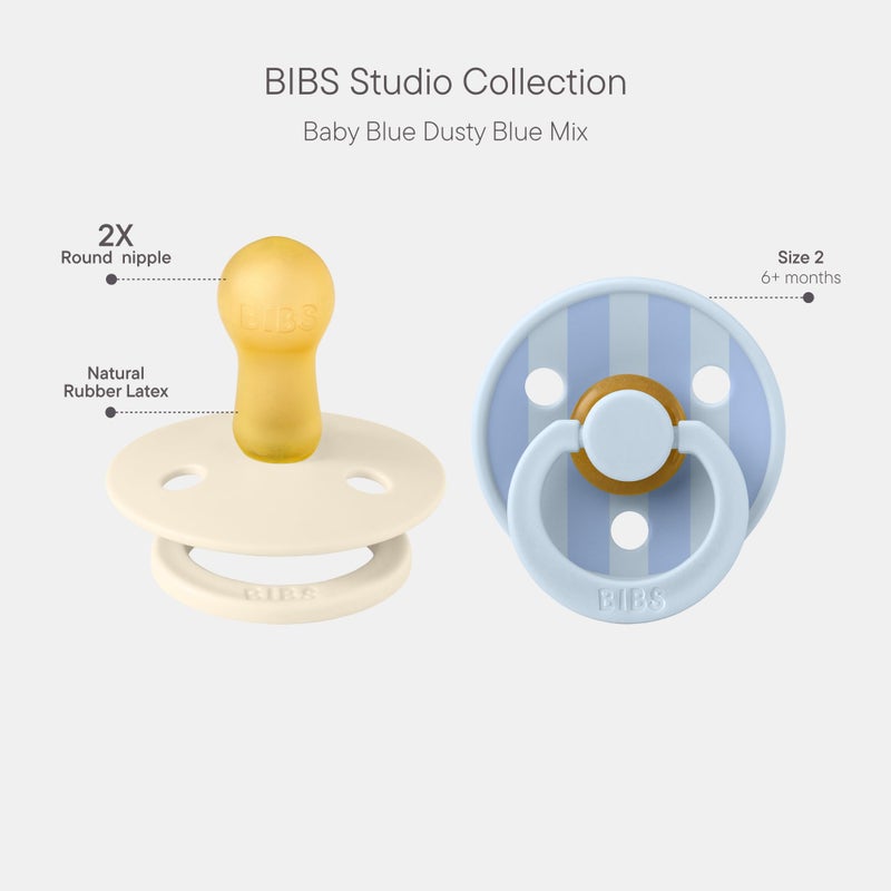 BIBS Pacifiers - Studio 2 Pack | Round Nipple Baby Pacifier | BPA Free Natural Rubber Latex Soother | Made in Denmark | Size 6+ Months | Block Baby Blue Dusty Blue - Image 2