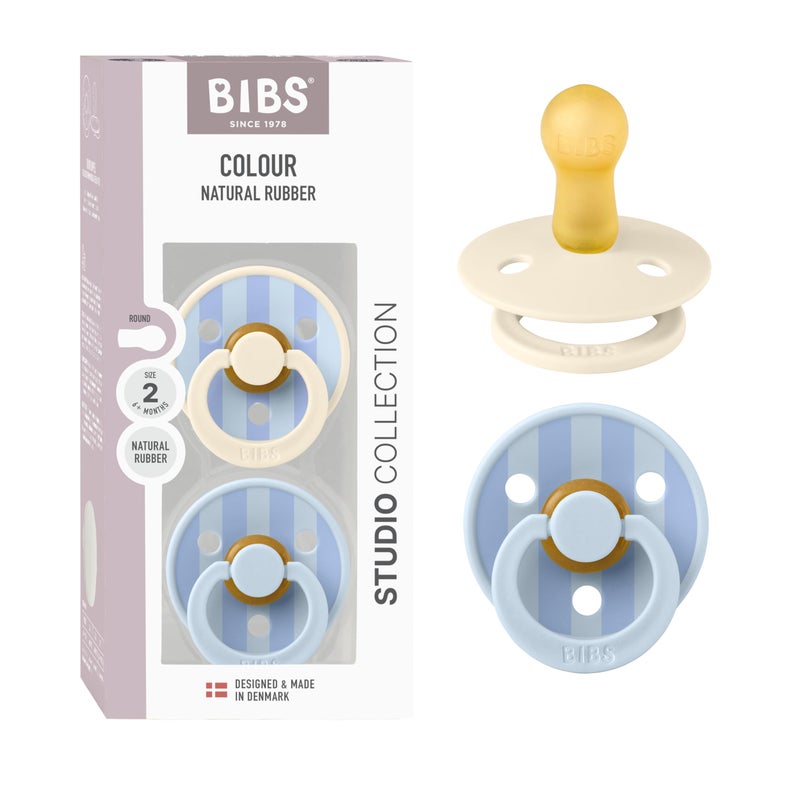 BIBS Pacifiers - Studio 2 Pack | Round Nipple Baby Pacifier | BPA Free Natural Rubber Latex Soother | Made in Denmark | Size 6+ Months | Block Baby Blue Dusty Blue - Image 1