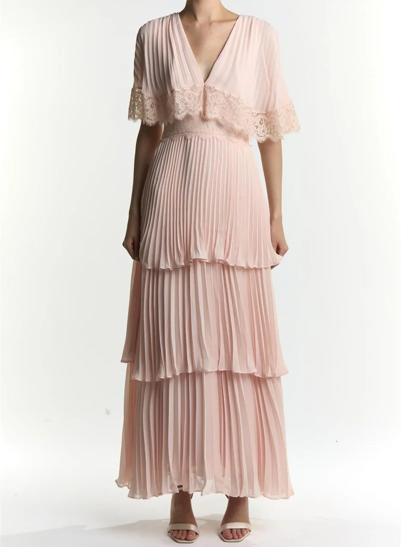 True Decadence Soft Pink Julie Cape Sleeve Pleated Maxi-Dress