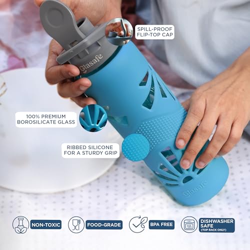 GLASAFE Premium Glass Water Bottle w/t Protective Silicone Cover | Break - Resistant Design | Ideal for Office/School/College | Spill-Proof Cap |100% Borosilicate Glass|BPA Free|750ml,(Set Of 2,Tint) - Image 5