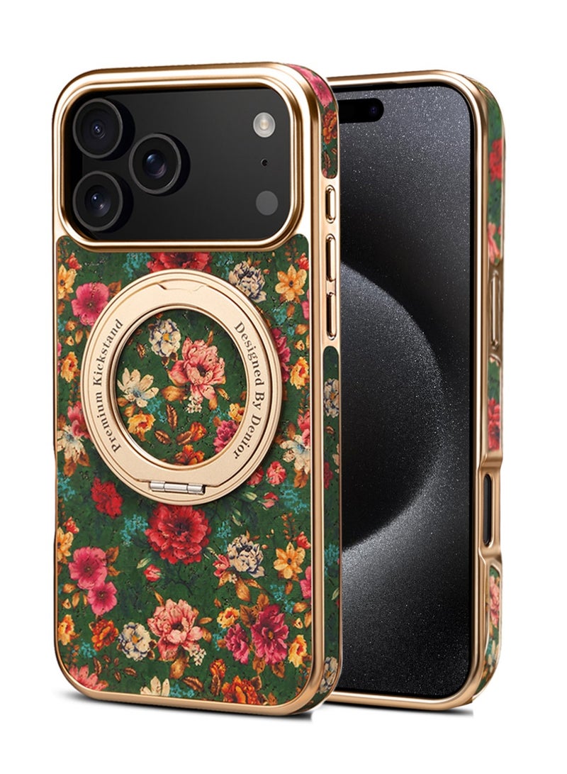 دينيور حافظة لجهاز iPhone 17 Pro Max، غلاف مع حامل حلقي وحماية للكاميرا مصمم بشكل جمالي لطيف للفتيات والشابات ورائع من الزهور لجهاز iPhone 17 Pro Max، ذهبي - Image 2