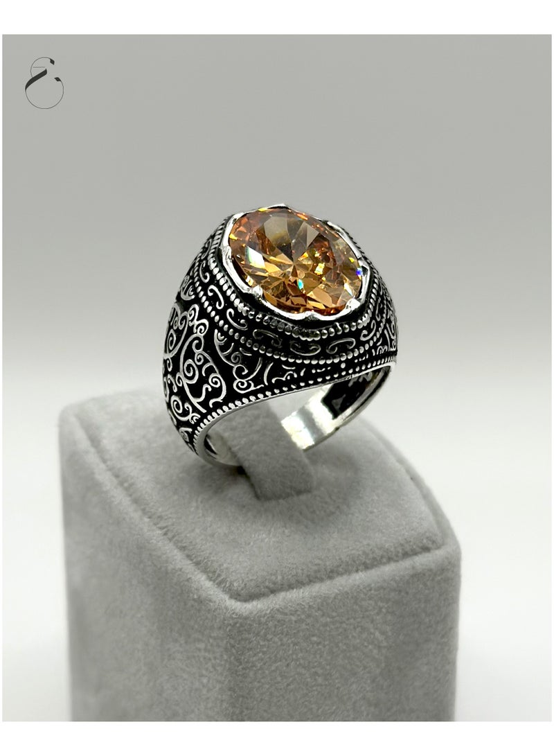 خاتم  شروق، خاتم رجالي فاخر من الفضة عيار 925 مزين بحجر كريم نادر - Image 1