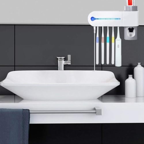 JERN Plastic UV Toothbrush Holder Toothpaste Dispenser Wall Mounted Toothbrush Holder & Automatic Toothpaste Holder with 5 uv Toothbrush sanitizer Holder UV Toothbrush Cleaner Pump,White - Image 4