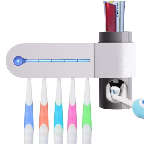 JERN Plastic UV Toothbrush Holder Toothpaste Dispenser Wall Mounted Toothbrush Holder & Automatic Toothpaste Holder with 5 uv Toothbrush sanitizer Holder UV Toothbrush Cleaner Pump,White - Image 1