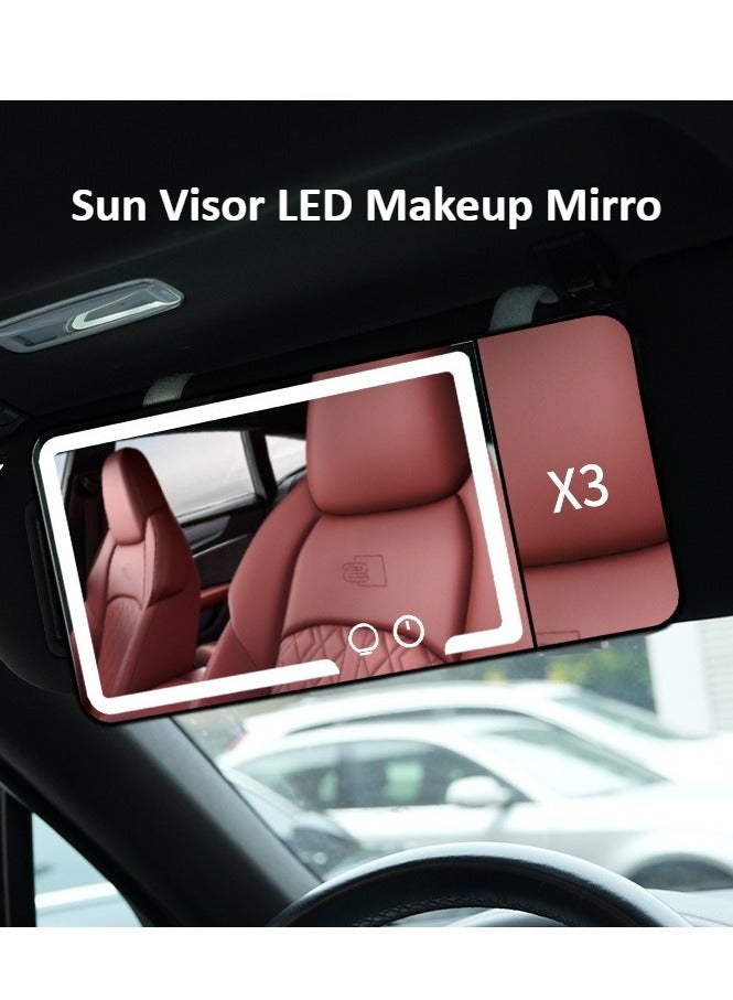 Black Car Vanity Mirror with LED - 3-Color Touch Light, Sun Visor Mount, Magnifier Upgrade