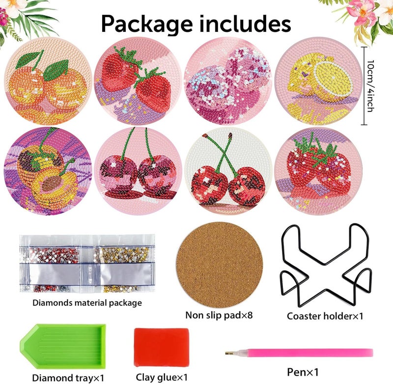 croshom Fruits Diamond Art Coasters Kits, 8 Pieces Diamond Painting Coasters with Holder, Diamonds Art Disco Ball Coaster Kits, 5D DIY Diamonds Arts Painting Kit for Adults Gift - Image 2