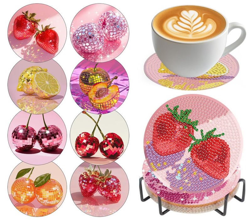 croshom Fruits Diamond Art Coasters Kits, 8 Pieces Diamond Painting Coasters with Holder, Diamonds Art Disco Ball Coaster Kits, 5D DIY Diamonds Arts Painting Kit for Adults Gift - Image 1