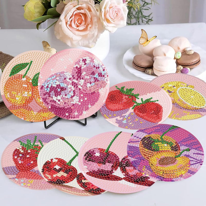 croshom Fruits Diamond Art Coasters Kits, 8 Pieces Diamond Painting Coasters with Holder, Diamonds Art Disco Ball Coaster Kits, 5D DIY Diamonds Arts Painting Kit for Adults Gift - Image 4