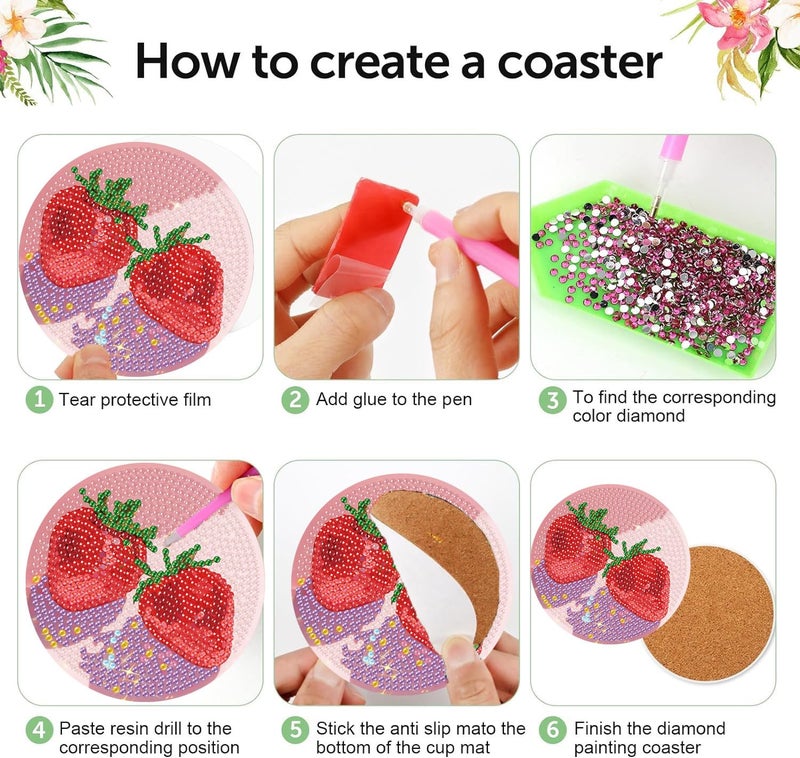 croshom Fruits Diamond Art Coasters Kits, 8 Pieces Diamond Painting Coasters with Holder, Diamonds Art Disco Ball Coaster Kits, 5D DIY Diamonds Arts Painting Kit for Adults Gift - Image 3