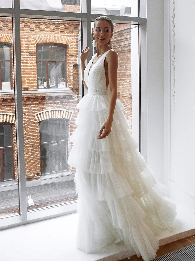New V-Neck Noble Multi-Layer Mesh Pettiskirt Waist Slimming Sling Bridal Wedding Dress Dress - Image 5