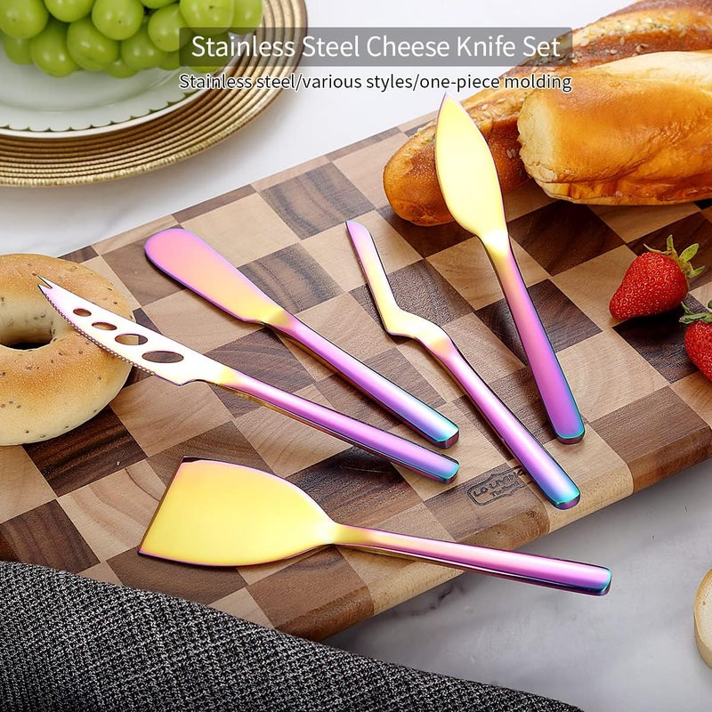 Berglander Rainbow Cheese Knife Set of 5 for All Types of Cheese, Colorful Titanium Plating Cheese Cutter Slicer Ergonomic Design for Confortable Grip and Cut, Butter Spreader Knife - Image 4