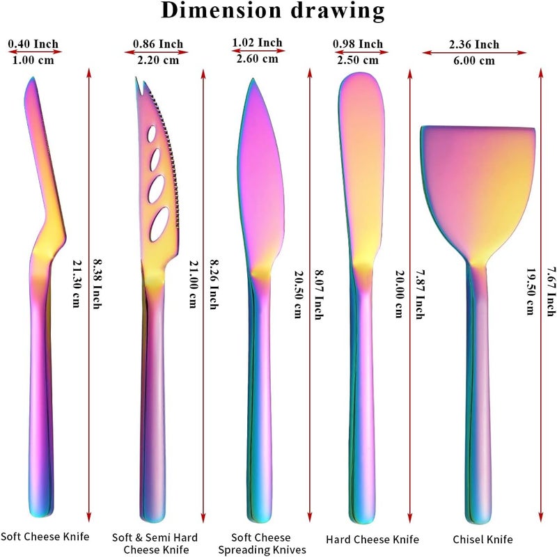 Berglander Rainbow Cheese Knife Set of 5 for All Types of Cheese, Colorful Titanium Plating Cheese Cutter Slicer Ergonomic Design for Confortable Grip and Cut, Butter Spreader Knife - Image 2