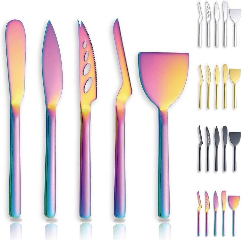 Berglander Rainbow Cheese Knife Set of 5 for All Types of Cheese, Colorful Titanium Plating Cheese Cutter Slicer Ergonomic Design for Confortable Grip and Cut, Butter Spreader Knife - Image 1