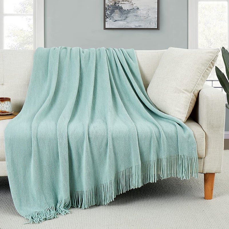 Homiest Decorative Knitted Throw Blanket with Fringe Soft & Cozy Tassel Blanket for Couch Sofa Bed (Light Green  50x60) - Image 1