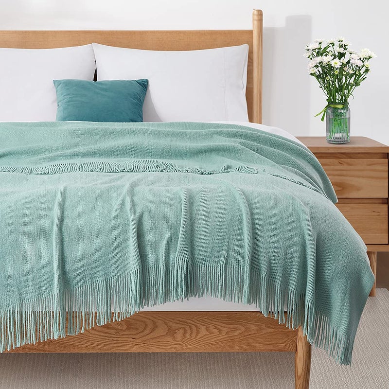 Homiest Decorative Knitted Throw Blanket with Fringe Soft & Cozy Tassel Blanket for Couch Sofa Bed (Light Green  50x60) - Image 2