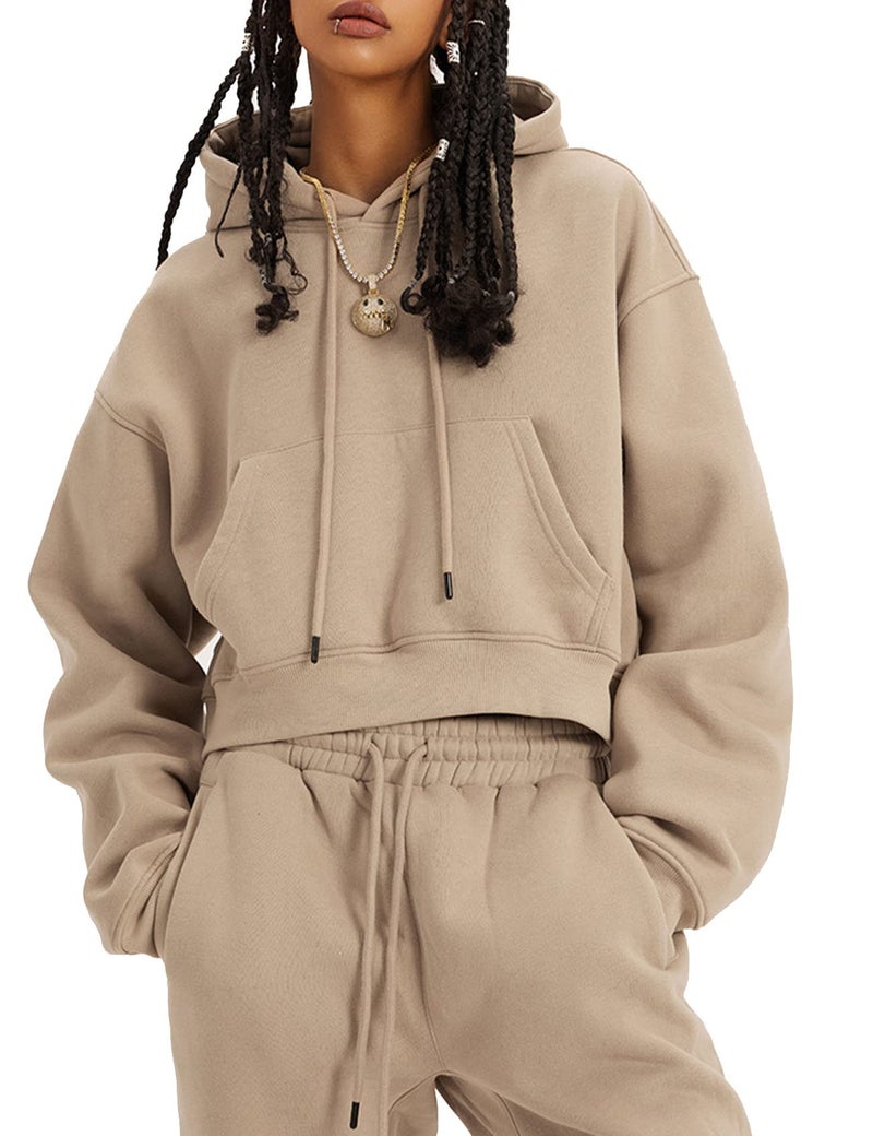 Eisctnd Women Fleece 2 Piece Tracksuits Fall Winter Sweatshirt Jogger Pants Matching Lounge Sets Thick Sweatsuits PocketsKhakiL