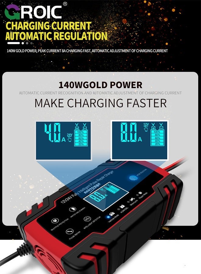8A Battery Charger - 12V and 24V Automotive Trickle for Car Battery, Fully-Automatic Temperature Compensation, Maintainer Truck Motorcycle Lawn Mower Boat Marine