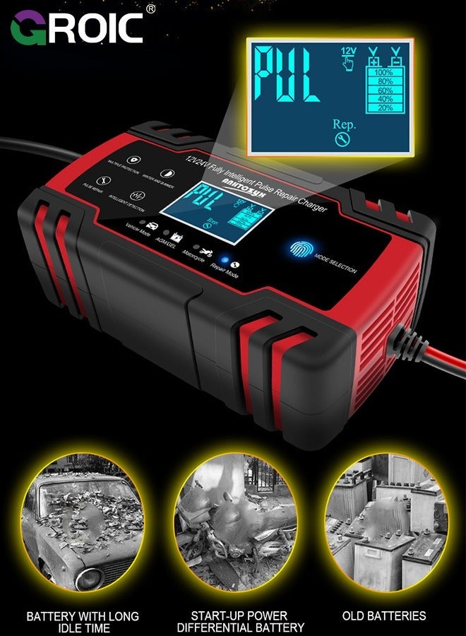 8A Battery Charger - 12V and 24V Automotive Trickle for Car Battery, Fully-Automatic Temperature Compensation, Maintainer Truck Motorcycle Lawn Mower Boat Marine