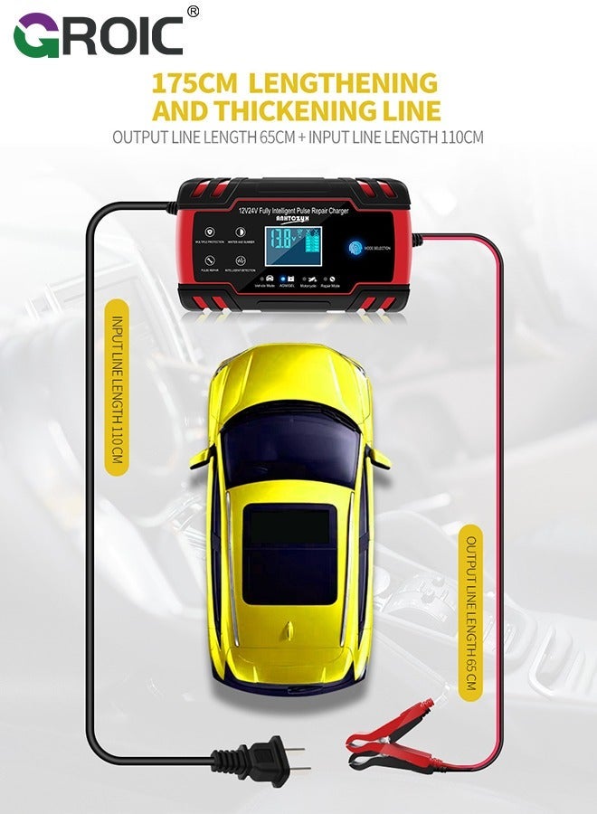 8A Battery Charger - 12V and 24V Automotive Trickle for Car Battery, Fully-Automatic Temperature Compensation, Maintainer Truck Motorcycle Lawn Mower Boat Marine