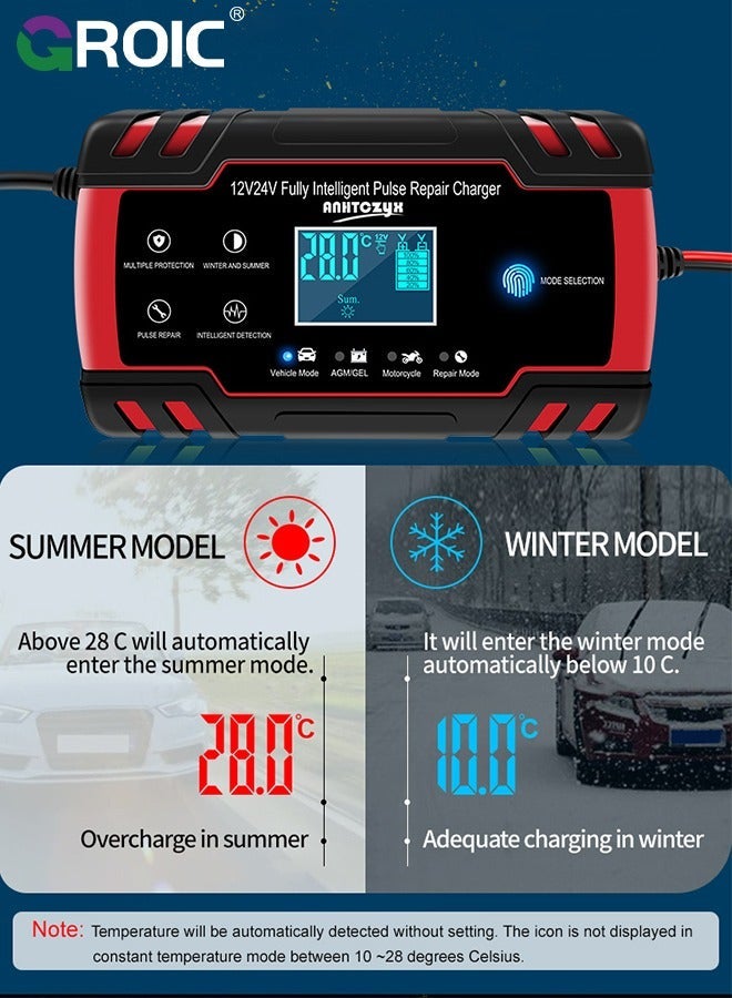 8A Battery Charger - 12V and 24V Automotive Trickle for Car Battery, Fully-Automatic Temperature Compensation, Maintainer Truck Motorcycle Lawn Mower Boat Marine