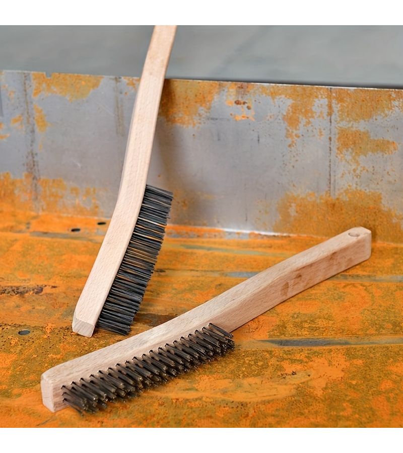 2 Pieces Stainless Steel Wire Scratch Brush Set 14 Inch With Curved Beechwood Handle For Rust Cleaning - Image 1