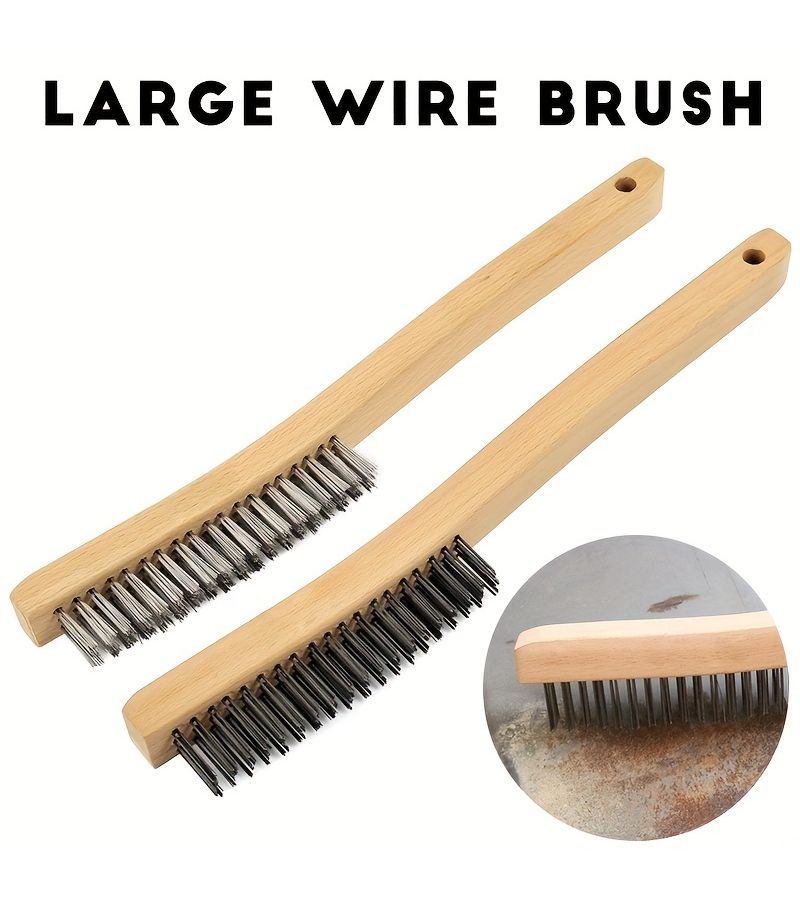 2 Pieces Stainless Steel Wire Scratch Brush Set 14 Inch With Curved Beechwood Handle For Rust Cleaning - Image 4