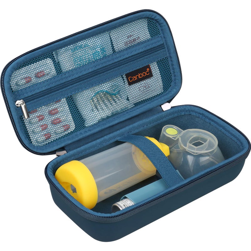 Canboc Carrying Case for Asthma Inhaler Handheld Spacer for Adults and Kids Masks Hard Inhaler Box with Mesh Pocket fit Medicine and Other Essentials Blue