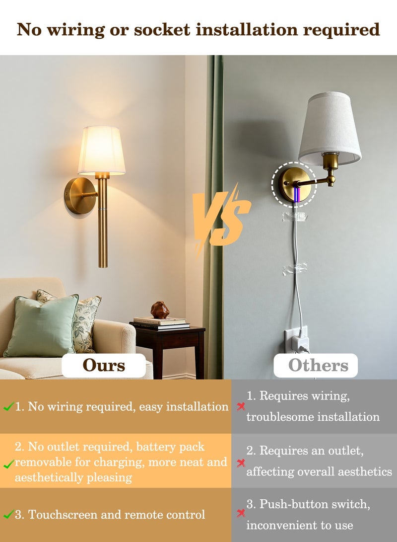 KADRAMA 2 Pcs USB-C Charging Wall Lights, Wireless Touch Wall Light with 2 Bulbs, Smart Wall Sconce with Magnetic 5200mAh Battery, 3 Color Temperature, Remote Control & Timer Function for Bedroom Living Room Hallway Home Decor (Gold-2) - Image 5