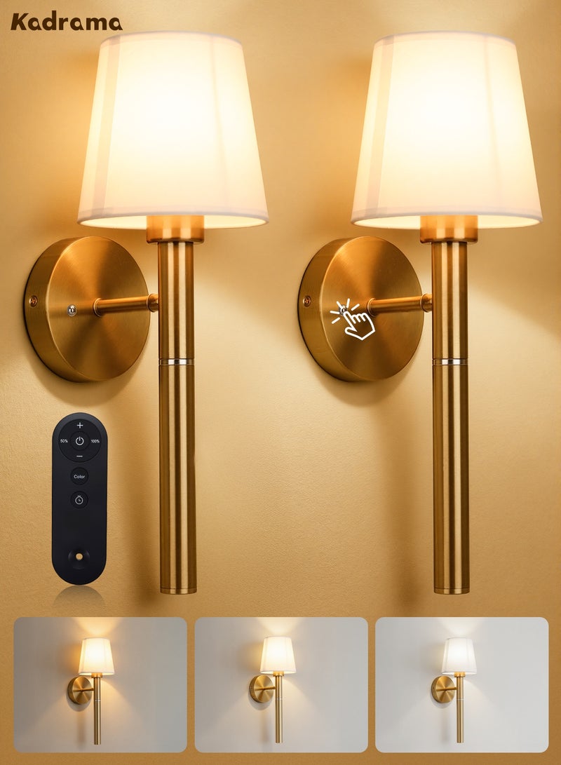 KADRAMA 2 Pcs USB-C Charging Wall Lights, Wireless Touch Wall Light with 2 Bulbs, Smart Wall Sconce with Magnetic 5200mAh Battery, 3 Color Temperature, Remote Control & Timer Function for Bedroom Living Room Hallway Home Decor (Gold-2) - Image 1