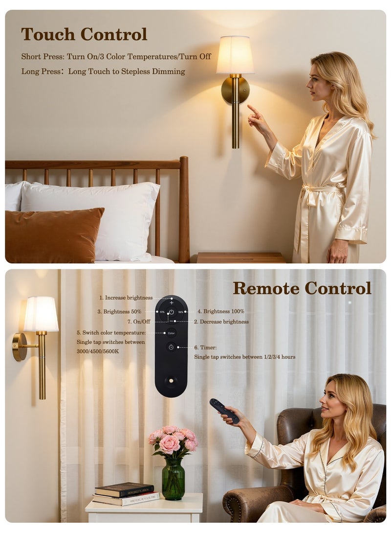 KADRAMA 2 Pcs USB-C Charging Wall Lights, Wireless Touch Wall Light with 2 Bulbs, Smart Wall Sconce with Magnetic 5200mAh Battery, 3 Color Temperature, Remote Control & Timer Function for Bedroom Living Room Hallway Home Decor (Gold-2) - Image 3