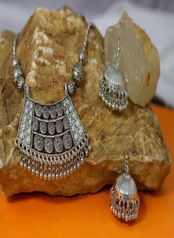 JFL - Jewellery for Less Fashionable Silver Plated German Oxidized Pendant Long Chain Handcrafted Necklace Set with Earring for Women & Girls - Image 5