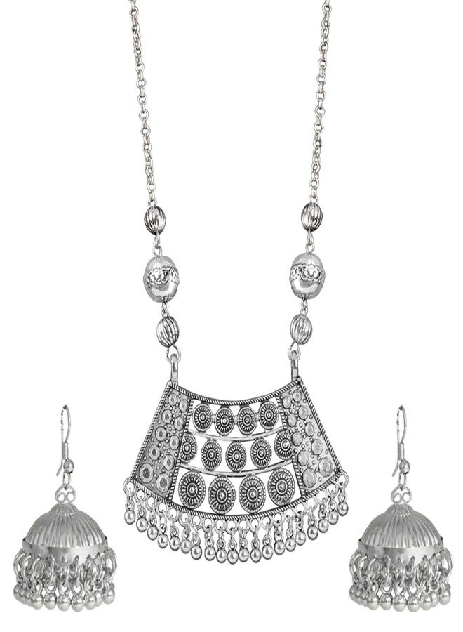JFL - Jewellery for Less Fashionable Silver Plated German Oxidized Pendant Long Chain Handcrafted Necklace Set with Earring for Women & Girls - Image 1