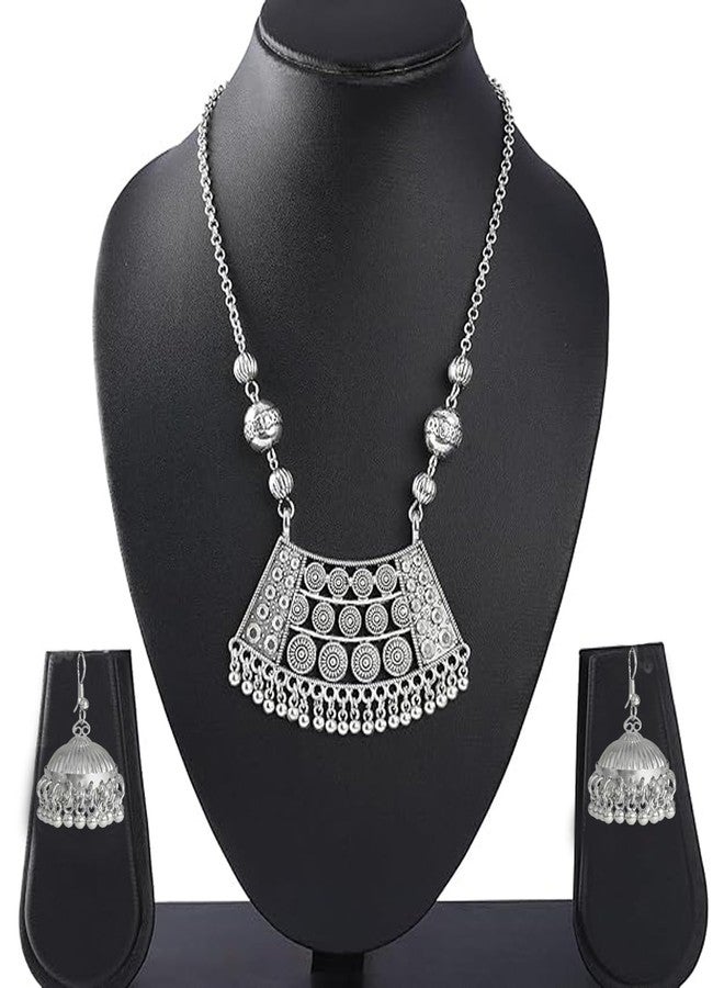 JFL - Jewellery for Less Fashionable Silver Plated German Oxidized Pendant Long Chain Handcrafted Necklace Set with Earring for Women & Girls - Image 2