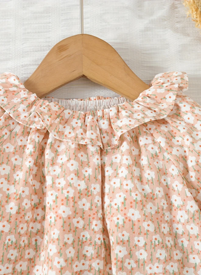 Take Two Take Two Girls Floral Print Cotton Top with Ruffle Collar