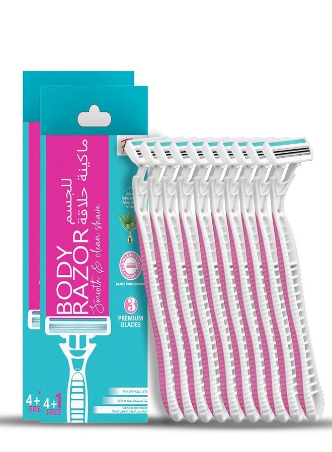 Floren Disposable Body Razors For Women - Pack Of 5 With Aloe Vera & Vitamin E Strip 3 Premium Ss European Blac Bikini Line Pack Of 2 (10 Razors) (10)