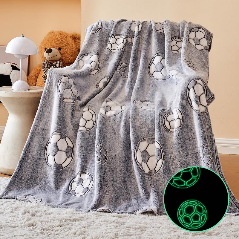 Wajade Soccer Gifts Toys for Boys Girls  Glow in The Dark Soccer Blanket Birthday Christmas Decor for Kids Age 3 4 5 6 7 8 9 10 11 12 Years Old Teens Child Toddler Throw Light Grey 50x60