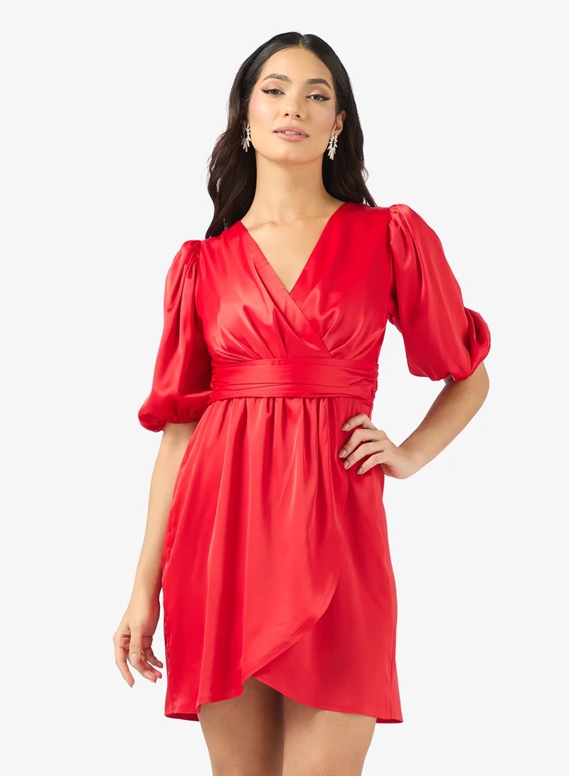 Belted Satin Plunge Mini Dress