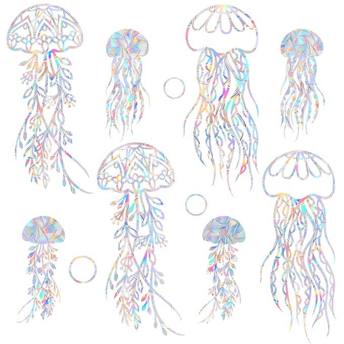 8 PIECES JELLYFISH WINDOW DECALS FOR BIRD STRIKES ANTICOLLISION CLINGS TO SAVE BIRDSNON ADHESIVE VINYL RAINBOW SUNCATCH STICKERS EASY REMOVE NO RESIDUE AND REUSABLE
