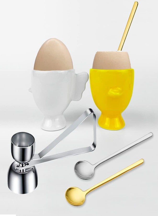 BENEKIY Easter Egg Cups for Soft Boiled Eggs Ceramic Egg Holder 2 Pack Hard Boiled Raw Egg Cup 1 pack Egg Topper Cutter with 2 Pack Stainless Steel Egg Spoons for Decor Breakfast Brunch - Image 1